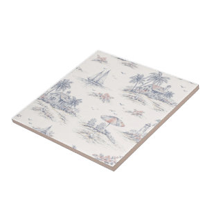 Blue Coastal French Toile Ceramic Tile