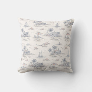 Blue Coastal French Toile Throw Pillow