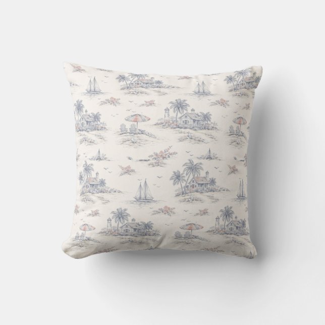 Blue Coastal French Toile Throw Pillow (Front)