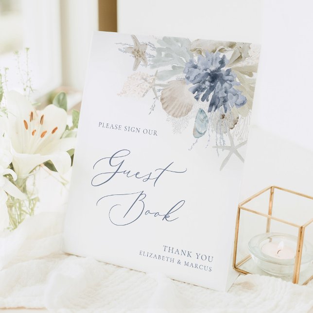 Blue Coastal Guest Book Wedding Pedestal Sign (Blue coastal guest book wedding sign with seashell design, elegant beach reception decor)