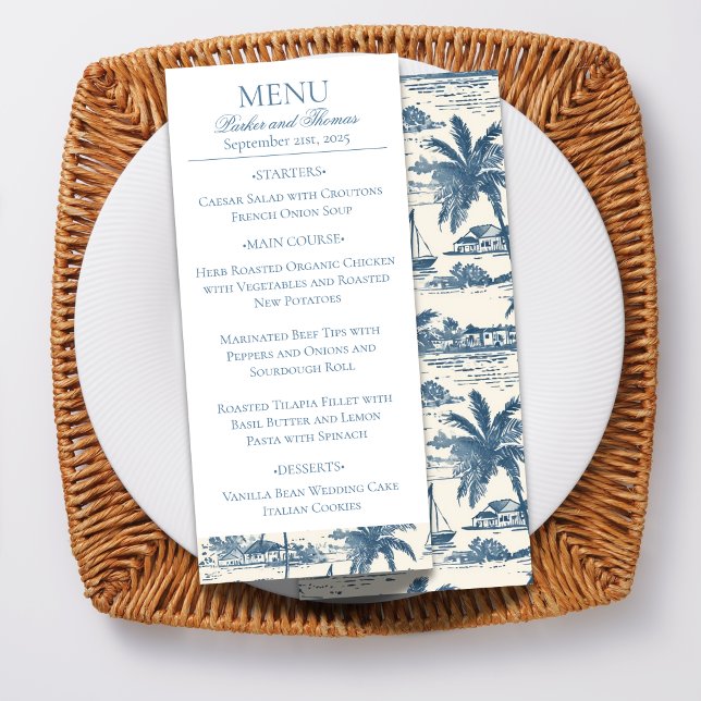 Blue Coastal Hand Drawn Wedding Menu (Celebrate love with these coastal, blue menu cards!)