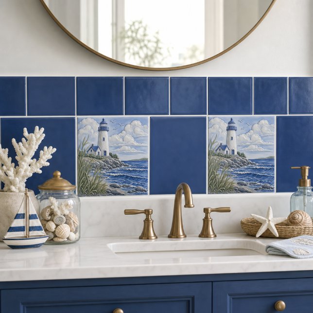 Blue Coastal Lighthouse Nautical Decor  Ceramic Tile (Creator Uploaded)
