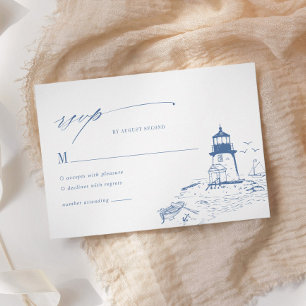 Blue Coastal Lighthouse Toile Wedding RSVP Card