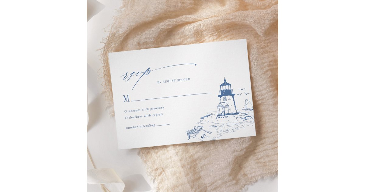Blue Coastal Lighthouse Toile Wedding RSVP Card | Zazzle