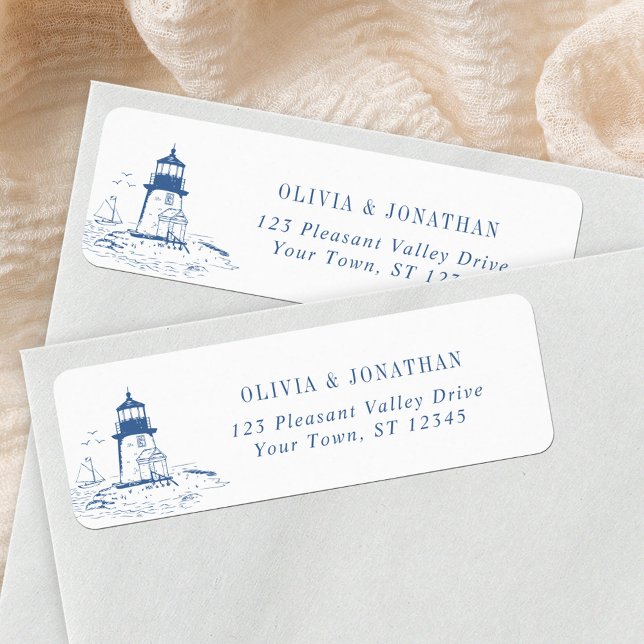 Blue Coastal Lighthouse Wedding Return Address Label (Creator Uploaded)