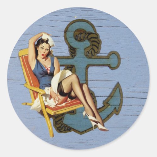 blue coastal  Nautical Anchor pool party sailor Classic Round Sticker