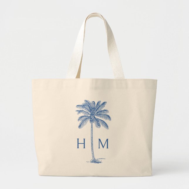 Blue Coastal Palmetto Palm Monogram Large Tote Bag (Front)