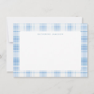 Blue Coastal Plaid Pattern Monogram Note Card