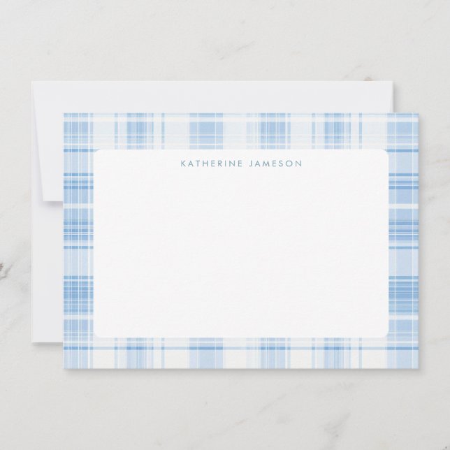 Blue Coastal Plaid Pattern Monogram Note Card (Front)