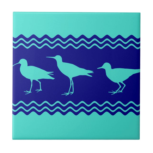 Blue Coastal Sandpiper Bird Stripes Ceramic Tile (Front)