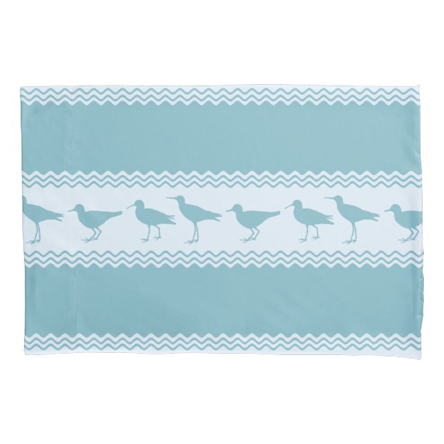 Blue Coastal Sandpiper Bird Stripes Pillow Case (Front)