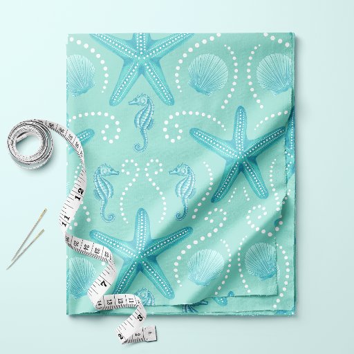 Blue Coastal Seahorse and Starfish Fabric