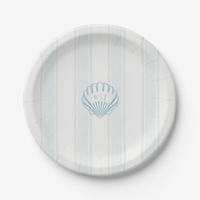 Blue Coastal Seashell Wedding  Paper Plates (Front)