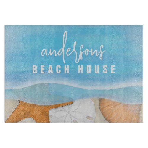 Blue Coastal Seaside Whimsical Ocean Seashells Cutting Board