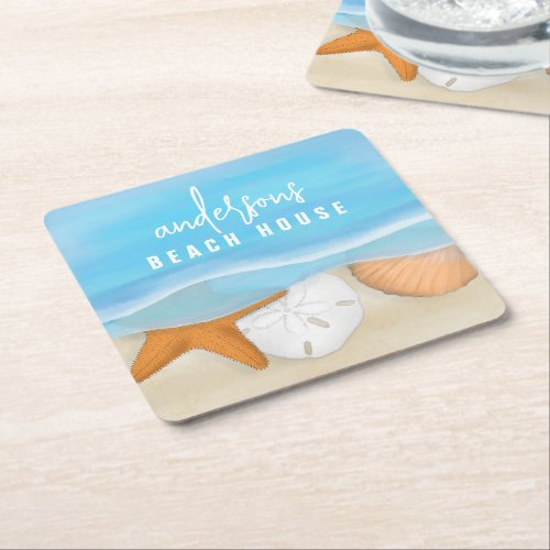 Blue Coastal Seaside Whimsical Ocean Seashells Square Paper Coaster