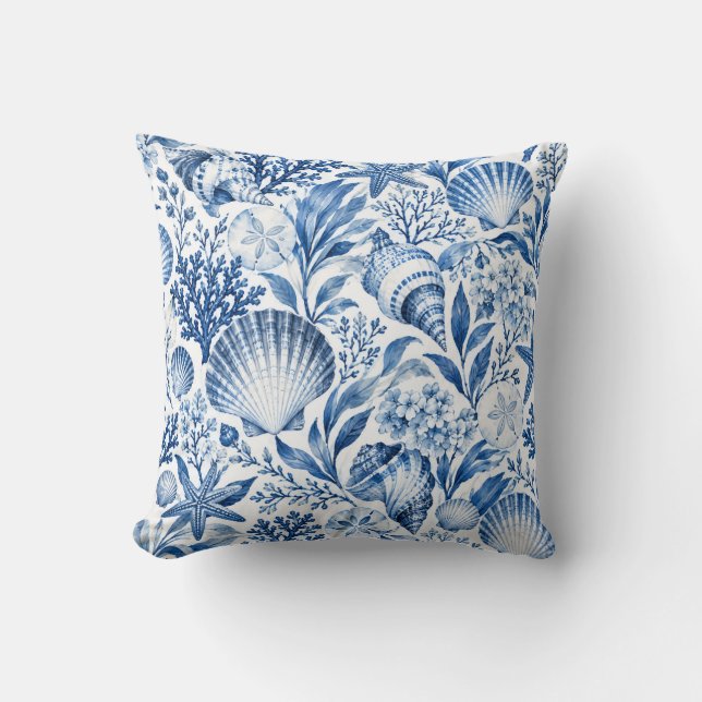 Blue Coastal Shells & Starfish Pattern Throw Pillow (Front)