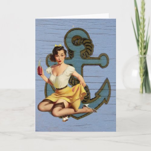 blue coastal ship and anchor pool party girl card