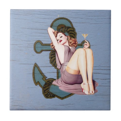 blue coastal ship and anchor pool party girl ceramic tile
