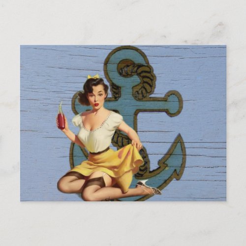 blue coastal ship and anchor pool party girl postcard