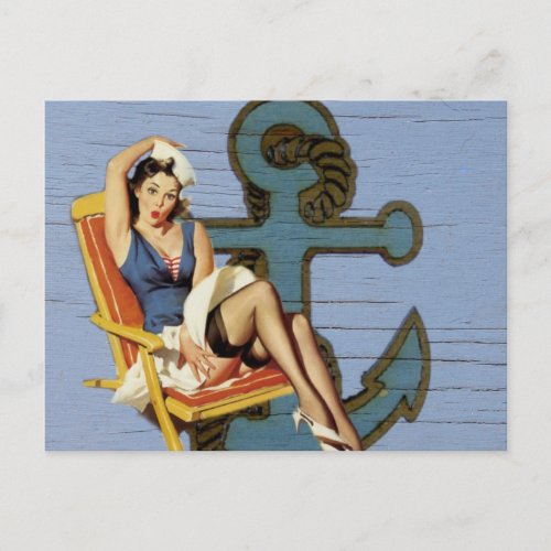 blue coastal ship and anchor pool party girl postcard
