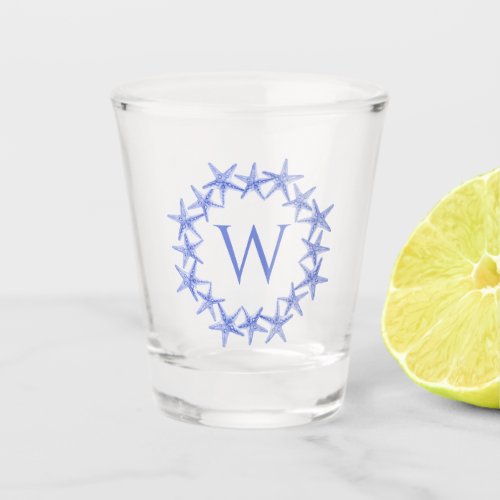 Blue Coastal Starfish Wreath Monogram Shot Glass