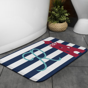 Blue Coastal Stripes Red Lighthouse Monogram Bath Mat