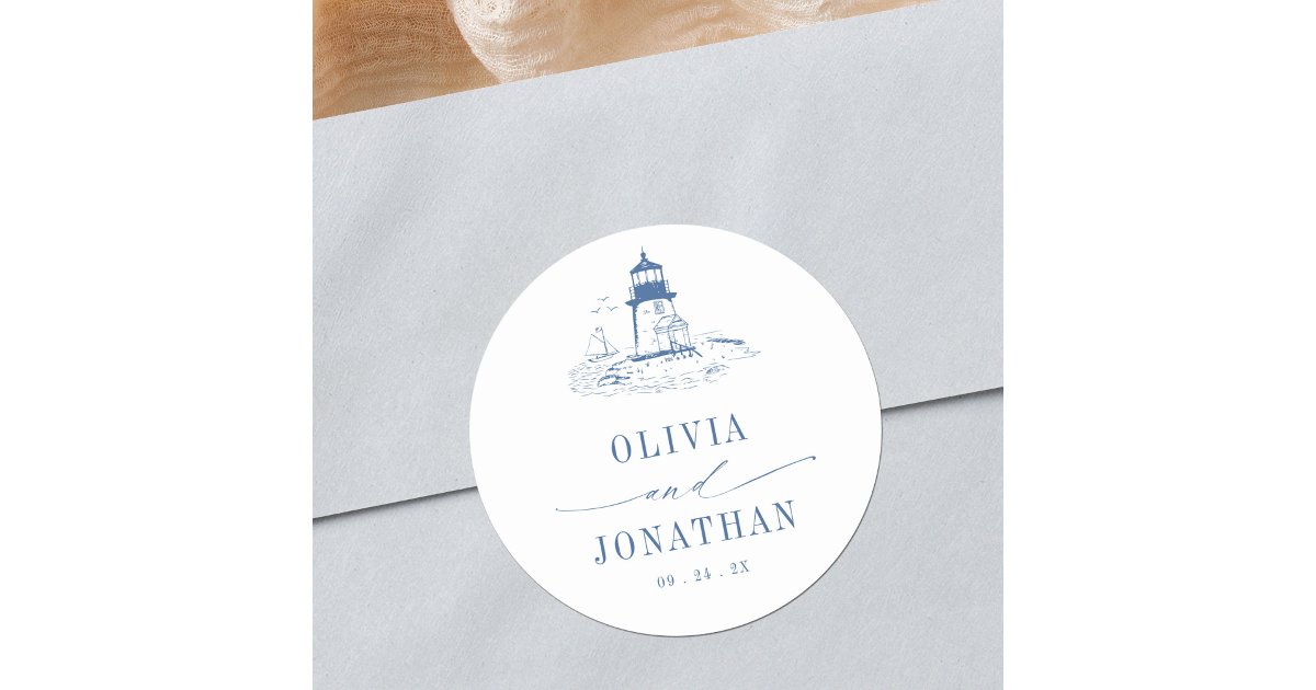 Blue Coastal Toile Lighthouse Wedding Classic Round Sticker | Zazzle