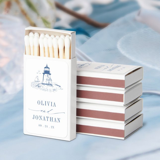 Blue Coastal Toile Lighthouse Wedding Matchboxes (Creator Uploaded)