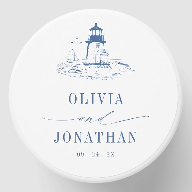 Blue Coastal Toile Lighthouse Wedding Mini Candle Favors (Front)