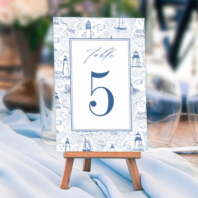 Blue Coastal Toile Lighthouse Wedding Table Number (Creator Uploaded)