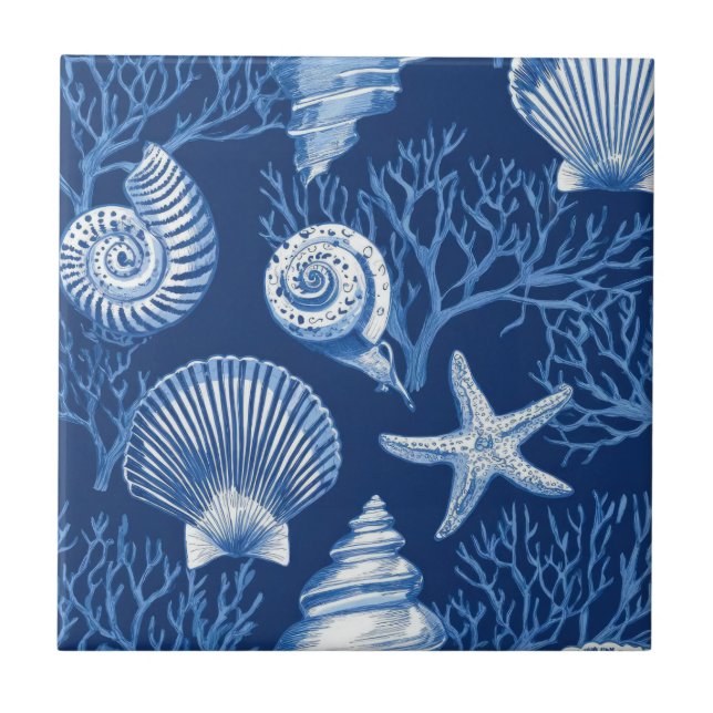 Blue Coastal Toile Seashell Coral Pattern (2) Ceramic Tile (Front)