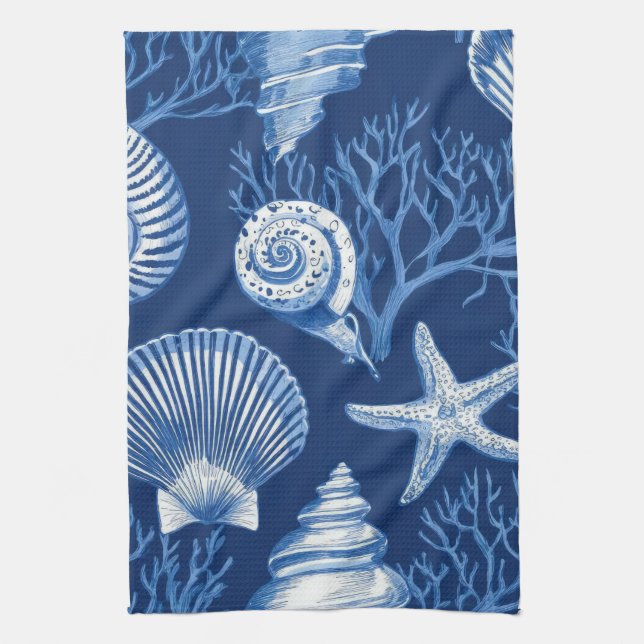 Blue Coastal Toile Seashell Coral Pattern (2) Kitchen Towel (Vertical)
