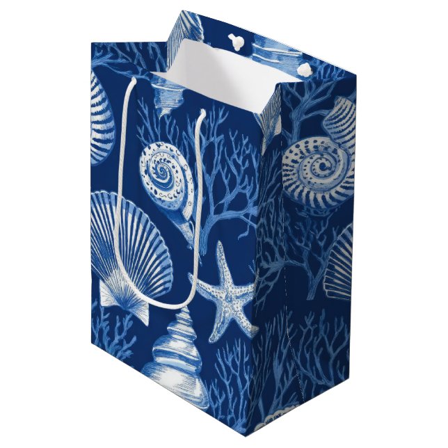 Blue Coastal Toile Seashell Coral Pattern (2) Medium Gift Bag (Front Angled)