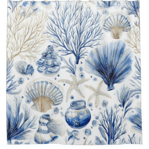 Blue Coastal Toile Seashell Coral Pattern (2) Shower Curtain