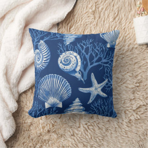 Blue Coastal Toile Seashell Coral Pattern (2) Throw Pillow