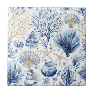 Blue Coastal Toile Seashell Coral Pattern (3) Ceramic Tile