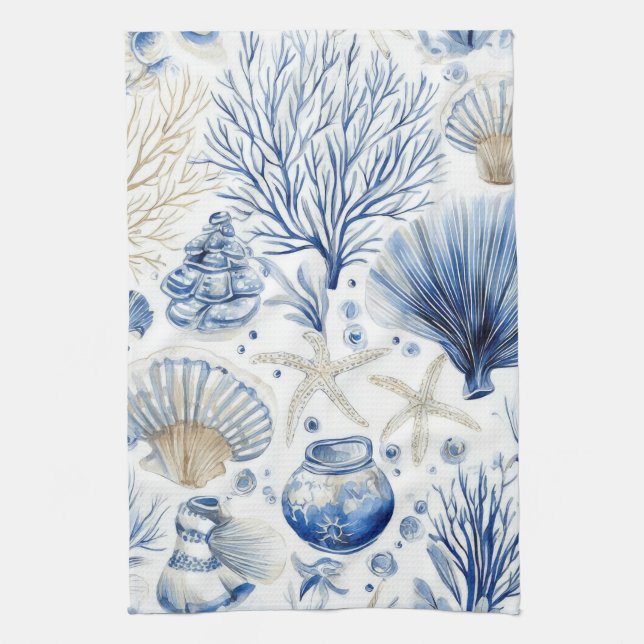 Blue Coastal Toile Seashell Coral Pattern (3) Kitchen Towel (Vertical)