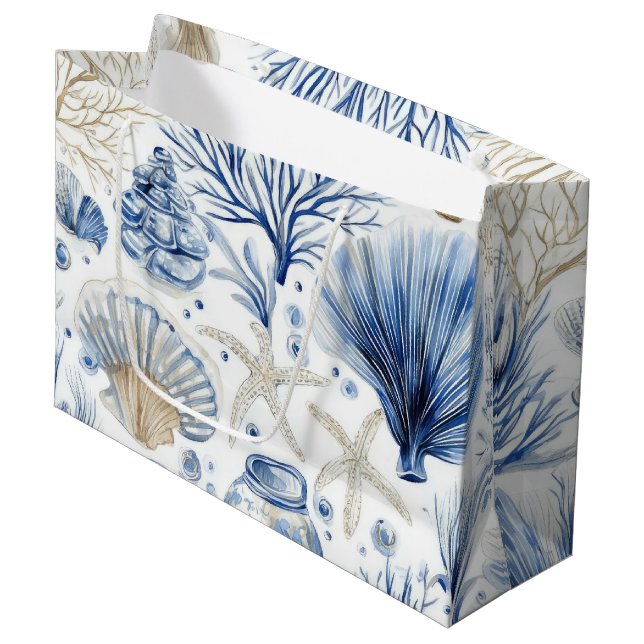Blue Coastal Toile Seashell Coral Pattern (3) Large Gift Bag (Front Angled)