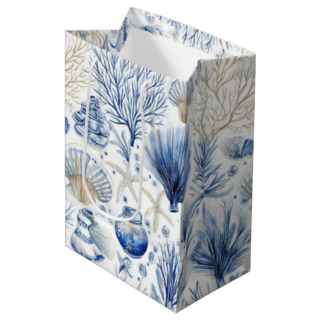 Blue Coastal Toile Seashell Coral Pattern (3) Medium Gift Bag (Front Angled)