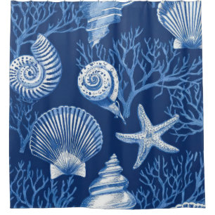 Blue Coastal Toile Seashell Coral Pattern (3) Shower Curtain
