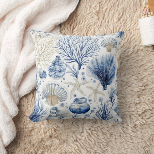 Blue Coastal Toile Seashell Coral Pattern (3) Throw Pillow