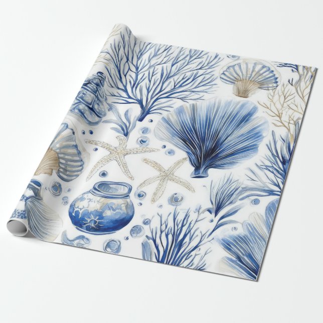 Blue Coastal Toile Seashell Coral Pattern (3) Wrapping Paper (Unrolled)