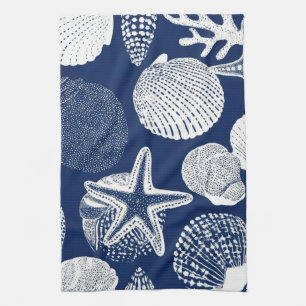 Blue Coastal Toile Seashell Coral Pattern (4) Kitchen Towel