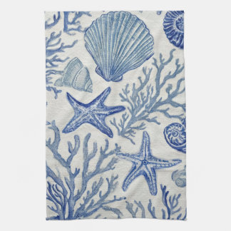 Blue Coastal Toile Seashell Coral Pattern Kitchen Towel
