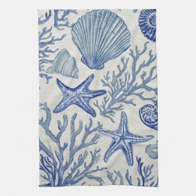 Blue Coastal Toile Seashell Coral Pattern Kitchen Towel (Vertical)