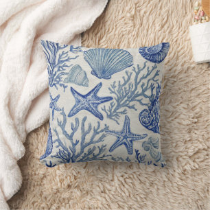Blue Coastal Toile Seashell Coral Pattern Throw Pillow