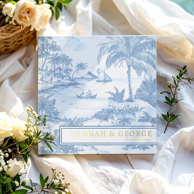 Blue Coastal Toile Wedding Gold Foil Luxury Foil Guest Book (Creator Uploaded)