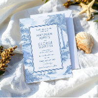 Blue Coastal Toile Wedding Invitation card