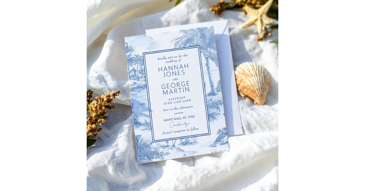 Blue Coastal Toile Wedding Invitation card | Zazzle