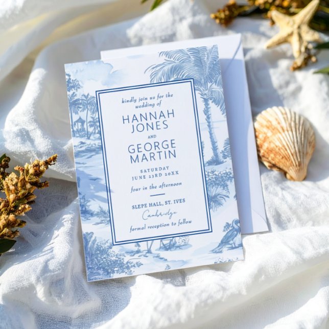 Blue Coastal Toile Wedding Invitation card (Creator Uploaded)